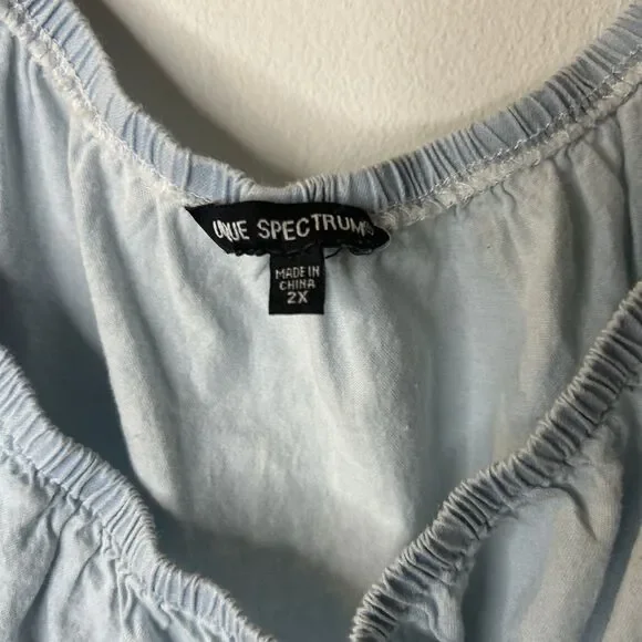 Unique Spectrum Top Womens 2X Plus Size Light Blue Lace Trim Boho Artsy - Picture 2 of 9